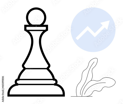 Chess pawn alongside rising arrow and leaf plant indicating progress, strategy, and growth. Ideal for leadership, personal development, decision-making, strategy planning, innovation, career