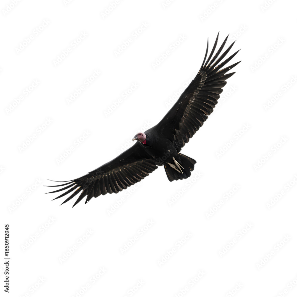 Naklejka premium Majestic turkey vulture soaring gracefully through the sky, wings spread wide against the dark backdrop, nature's scavenger