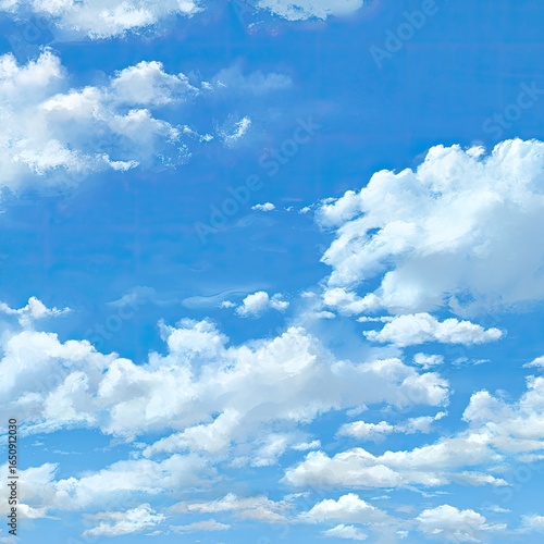 Vast, bright blue sky dotted with fluffy white clouds