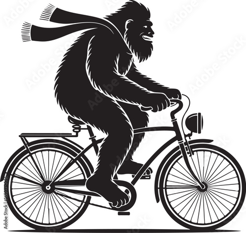 black bigfoot riding bicycle with scarf clip art preview