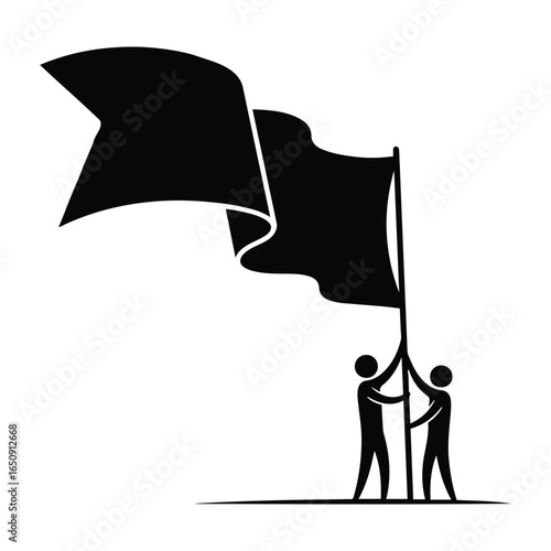Vector illustration of people raising a black flag symbol of anarchy and protest sign