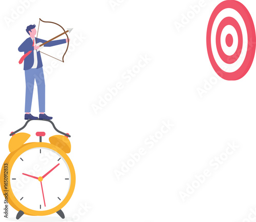 Flat illustration of businessman stepping on red alarm clocks toward goal checklist to represent productivity and time management
