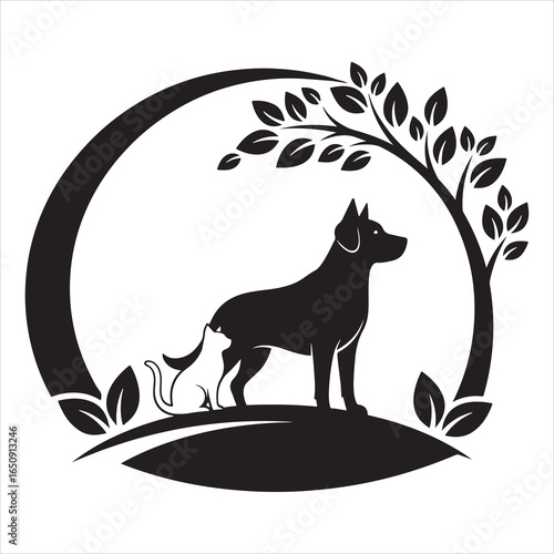 Dog and cat silhouette under tree with rainbow arch