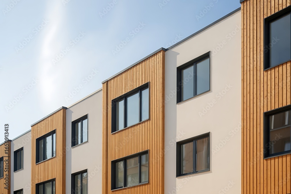 Fototapeta premium Discover modern architecture with sleek wood accents and clean lines, reflecting contemporary design and inviting spaces.