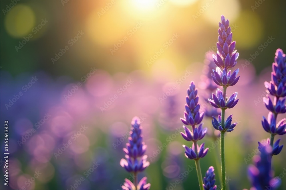 Obraz premium Gentle lavender particles illuminated by sunlight, peaceful atmosphere, gentle glow, sunlight illumination