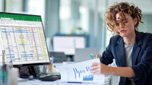 Businesswoman analyzing financial data on paper while comparing numbers with Excel spreadsheet on laptop