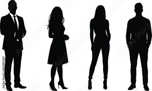 Silhouettes of two men and two women standing, business and casual attire, isolated vector illustration on white background