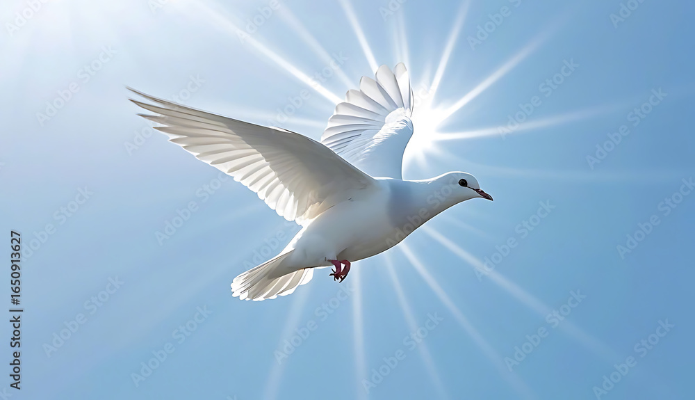 Fototapeta premium Majestic White Dove Soaring in a Heavenly Sky