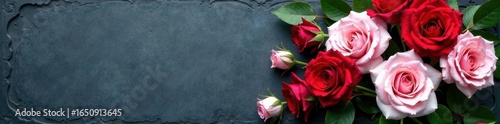 Red pink white flowers on a clean slate marker, rose bouquet, grave decor, garden decor