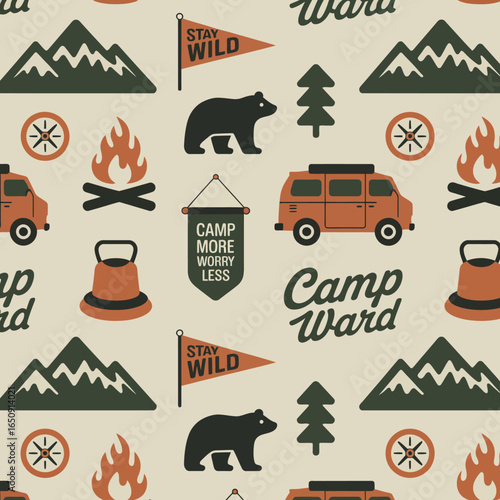 A fun, illustrated pattern featuring camping elements such as tents, bears, and mountains, perfect for evoking the essence of outdoor adventures and nature activities.