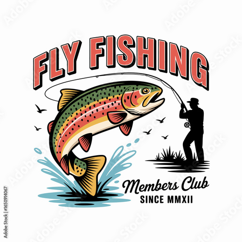 A captivating image of a leaping trout being caught by a fisherman, symbolizing the thrill and excitement of fly fishing in a picturesque natural setting. A classic moment!