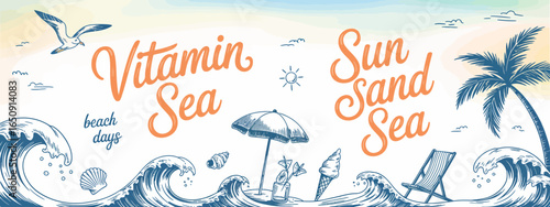 This colorful coastal illustration brings together ice cream, beach umbrellas, and waves, focusing on the delightful aspects of enjoying summery beach days by the sea.