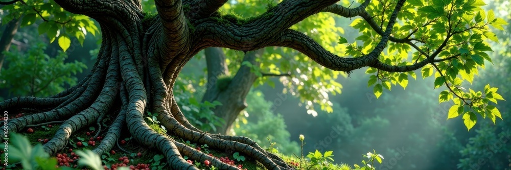 Twisted roots of an ancient tree swathed in vines, leaves, botanical Twisted roots of an ancient tree swathed in vines, leaves, botanical