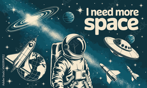 This captivating image depicts an astronaut surrounded by planets, rockets, and a UFO, visually communicating the vastness of space and the human quest for exploration.