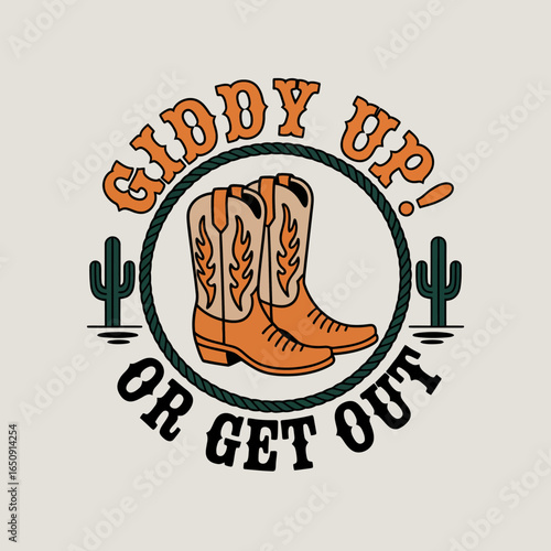 This stylish design features classic cowboy boots with a giddy-up message, evoking the adventurous spirit and rugged individuality synonymous with western culture.