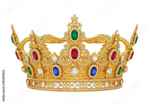 Luxurious golden crown adorned with colorful gemstones and sparkling diamonds
