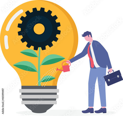 Flat illustration of employees turning giant green ESG lightbulb gear to drive corporate sustainability machine

