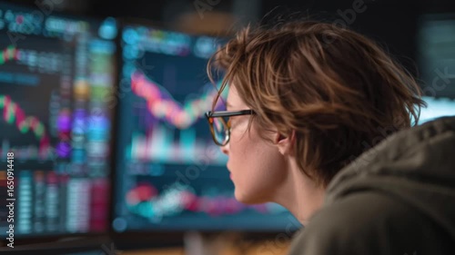 Man analyzing bitcoin candlestick chart on computer screen for cryptocurrency trading