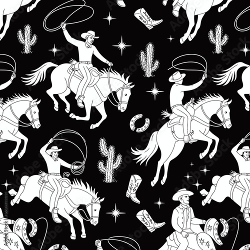 This lively illustration portrays cowboys skillfully roping on horses, surrounded by cacti and stars, celebrating the exhilarating spirit of rodeo life in a dynamic composition.