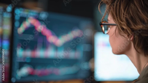 Man sitting in front of computer screen analyzing stock market charts for trading and investment