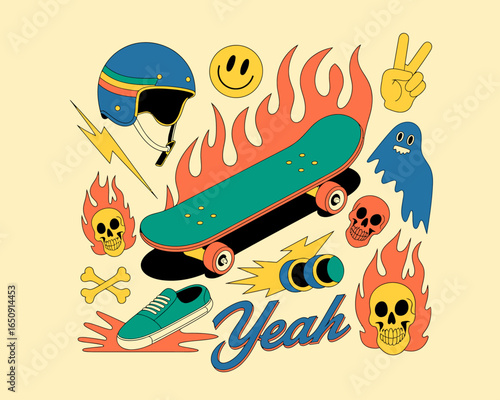 Featuring a sleek skateboard among flames, smiling faces, and abstract elements, this image captures the thrilling spirit of skateboarding and a lively urban culture.