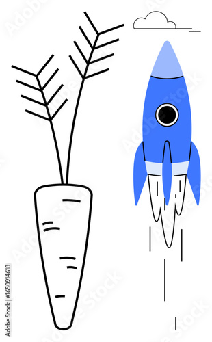 Blue rocket launching beside a carrot with simple line art. Ideal for growth, innovation, creativity, success, agriculture, sustainability, startup. Minimal flat metaphor