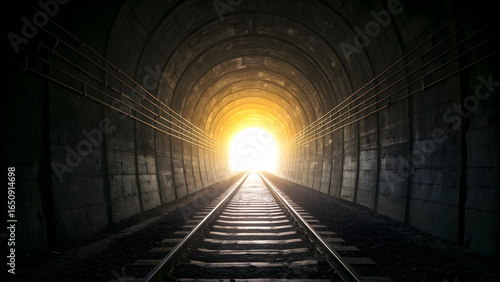 The Bright Light at the End of the Tunnel: a cinematic visual story of hope and escape. A detailed shot of a train tunnel illuminated by a radiant light at the end.