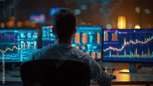 Crypto trader analyzing candlestick chart on computer screen with bitcoin and blockchain market data
