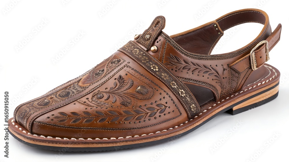 Fototapeta premium A single brown leather Peshawari chappal, a traditional sanda