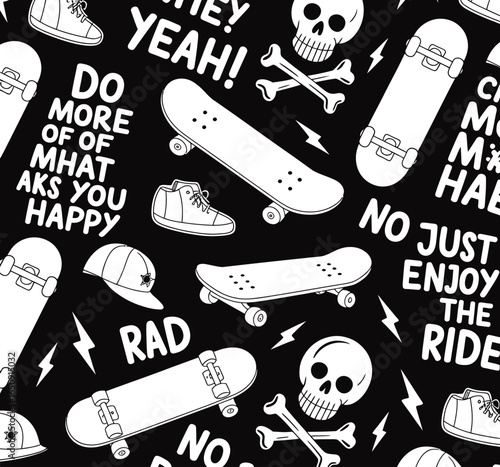 A vivid graphic featuring skateboard elements and skull motifs, encapsulating the thrill of skate culture and its rebellious nature, ideal for modern youth and apparel designs.