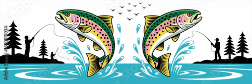 This vibrant artwork showcases two colorful trout jumping out of water, surrounded by fishermen, trees, and nature, capturing the spirit of fishing and outdoor adventure.