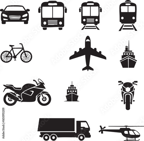 isolated need kinds of transportation icons, flat simple design - vector art silhouette on white Background