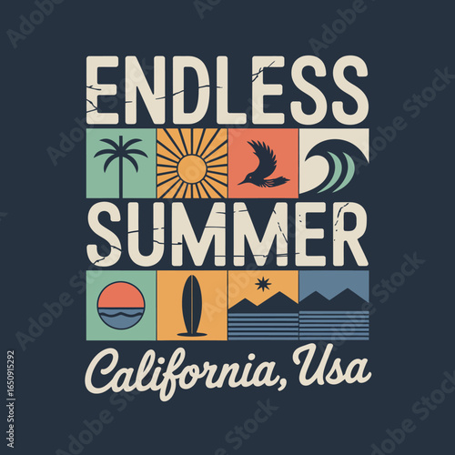 An engaging graphic representing an 'Endless Summer' theme with iconic elements, perfectly capturing a laid-back coastal lifestyle associated with California.