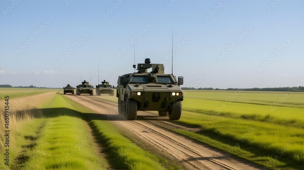 Fototapeta premium Military armored vehicles advance on dusty road through vibrant green fields under clear blue sky