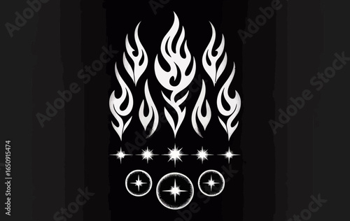 This image showcases an array of stylized flame designs paired with twinkling stars, creating a powerful visual impact that speaks to passion and intensity.
