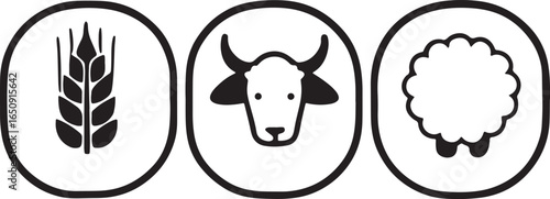 Farm Icons Wheat, Cow, Sheep
