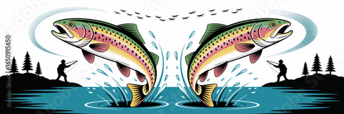 This illustration features two vibrant trout fish splashing in clear blue water, flanked by trees and fishermen, depicting the joy and excitement of fishing in nature.