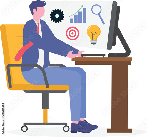 Flat illustration of businessman discovering insight with tablet projecting data visualization brain target gears chart and glowing lightbulb as business solution concept
