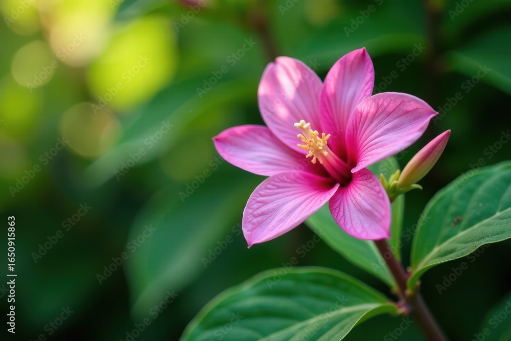 Delicate pink alstroemeria bloom on dark green leafy stem, blossoming, garden Delicate pink alstroemeria bloom on dark green leafy stem, blossoming, garden
