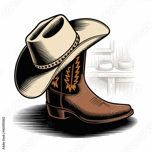 This striking artwork features an iconic cowboy hat and boot design that symbolizes the essence of Western culture, adventure, individuality, and classic Americana style.