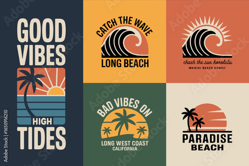 This collection of vibrant beach logos embodies the carefree spirit of sun and surf, inviting viewers to embrace positivity and enjoy coastal adventures.