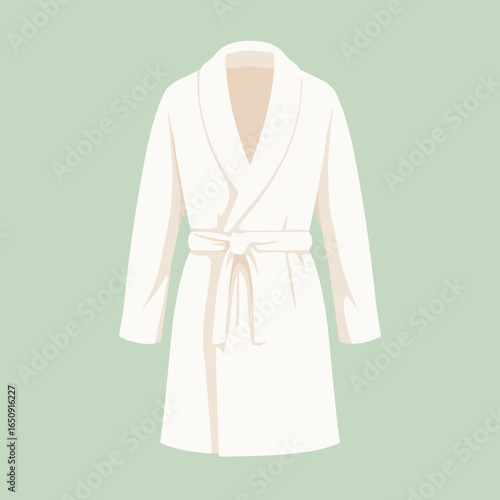Minimalist white spa bathrobe on green background  