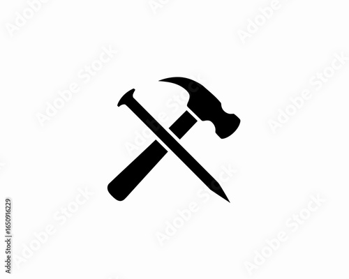 Hammer and nail silhouette crossed tools isolated on white background