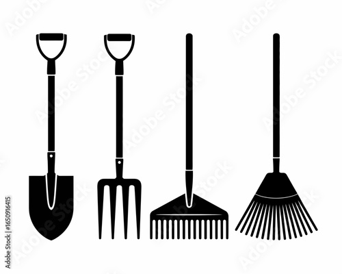 Collection of garden tools including shovel pitchfork and rakes silhouette isolated on white background