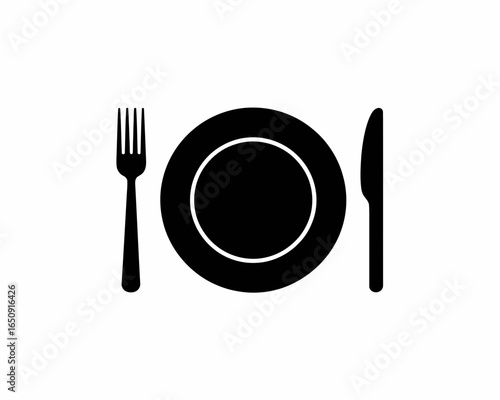 Black silhouette of a fork plate and knife isolated on white background