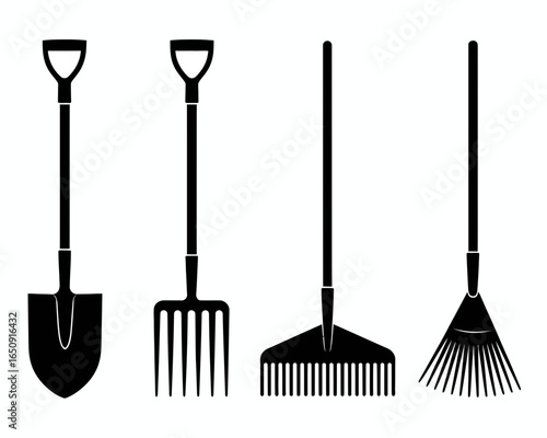 Collection of garden tools including a shovel pitchfork and two rakes silhouette isolated on white background