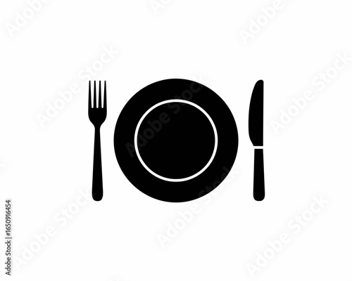 Simple black silhouette of a dinner plate with a fork and knife isolated on white background