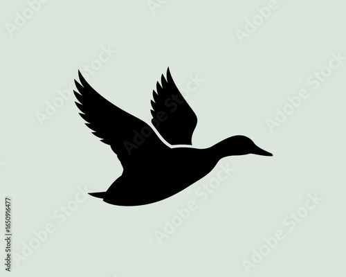 A black silhouette of a duck in flight isolated on white background silhouette