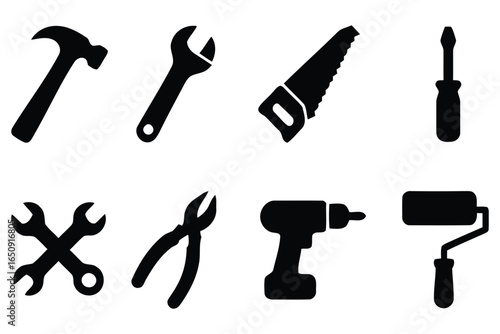Collection of common hand tool silhouettes isolated on white background