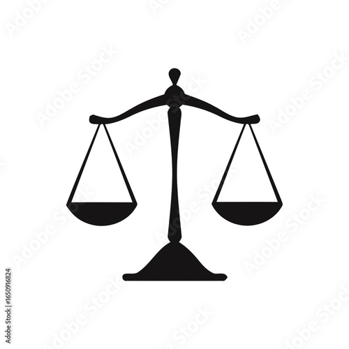 Black silhouette of a balance scale symbolizing justice and fairness isolated on white background